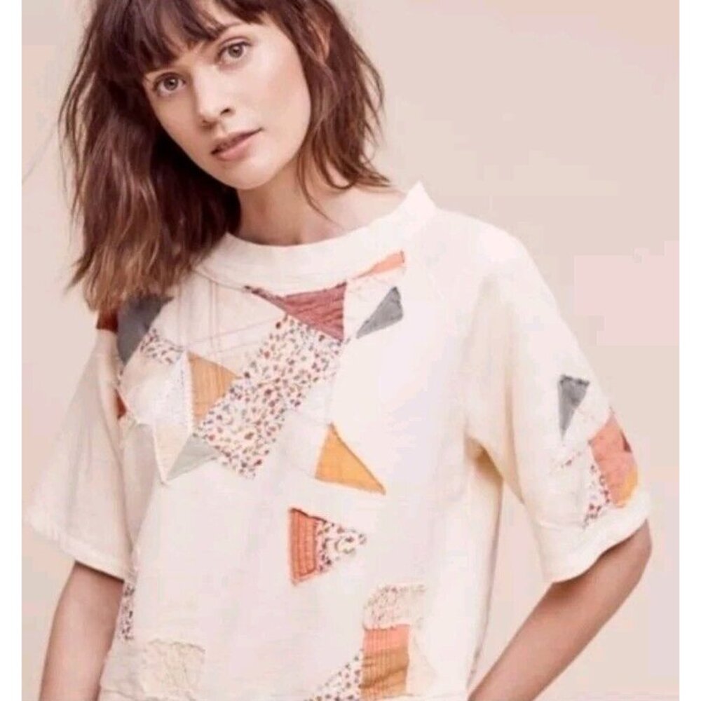 Anthropologie Postmark Patchwork Boxy Boho Short Sleeve Sweater Top Sz Med NWT